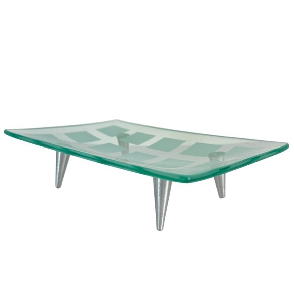 MCM Tray Frosted Glass Atomic Era Grid Pattern Metal Peg Legs VTG 60s Decorative - Picture 1 of 14